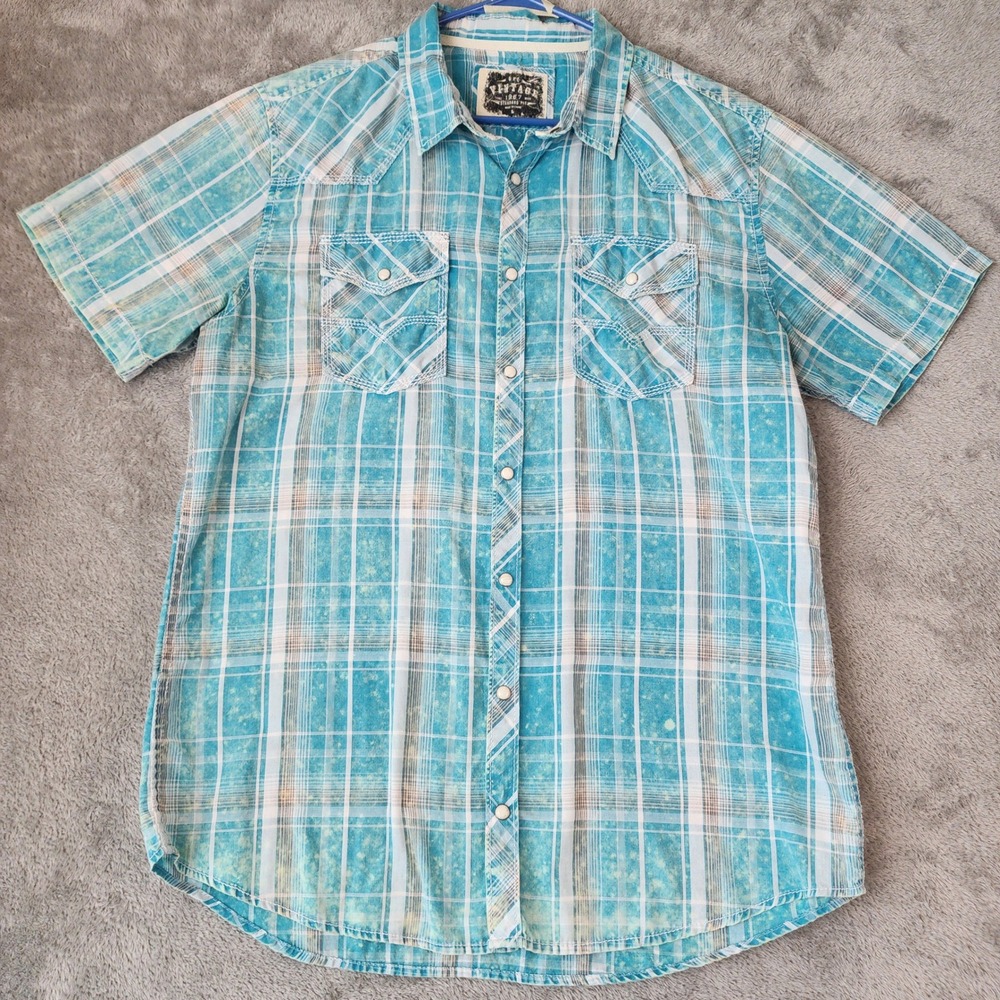 BKE Vintage Shirt Mens Large Turquoise Plaid Acid Wash Western Pearl Snap
